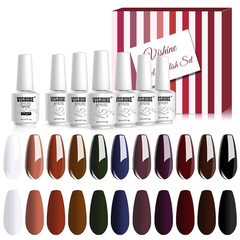 Vishine Fall-Winter Gel Nail Polish Kit 11 Colors Classic Series with Matt Top Coat, 8ml Each Manicure Gift Set - Image 2